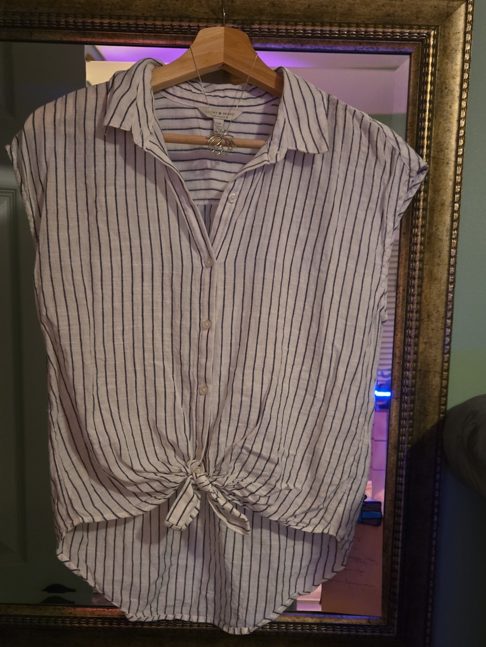 Lucky Brand White Button-Down Tie Front Top with Navy Stripes Size Small